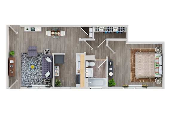 Floor Plan  A top-down view of a well-organized kitchen and living room.