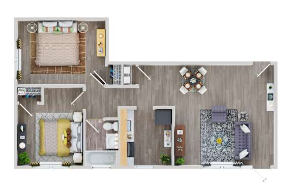 Floor Plan  A top-down view of a small apartment with a kitchen, living room, and bedroom.