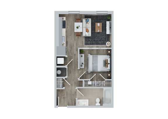 A top down view of a house with a kitchen, living room, and two bedrooms.
