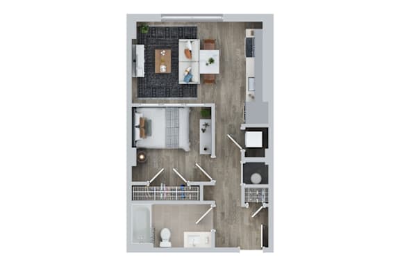 A top down view of a house layout with a kitchen, living room, and bedrooms.