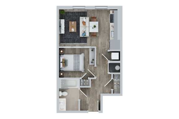 A top down view of a house layout with a kitchen, living room, and bathroom.