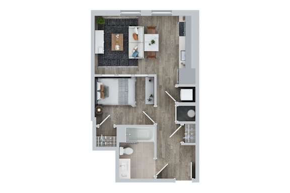 A top down view of a house with a kitchen, living room, and bathroom.