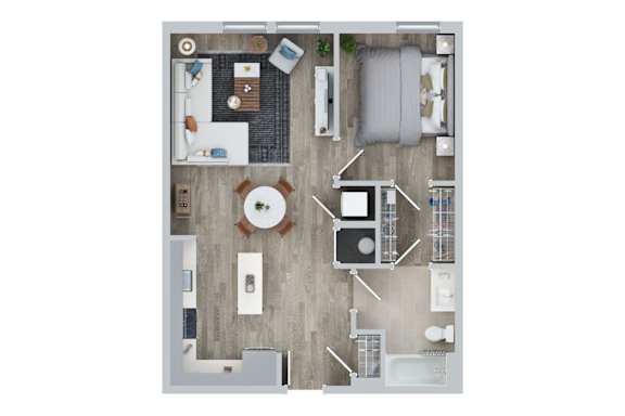 A top-down view of a small apartment layout with a kitchen, living room, and bathroom.