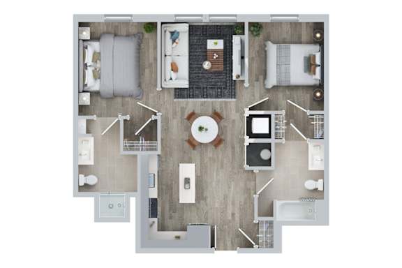 A top-down view of a well-organized apartment with a kitchen, living room, and bedrooms.