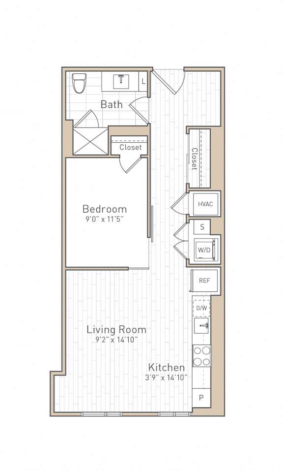 A floor plan of a small apartment with a living room, kitchen, bedroom and bathroom.
