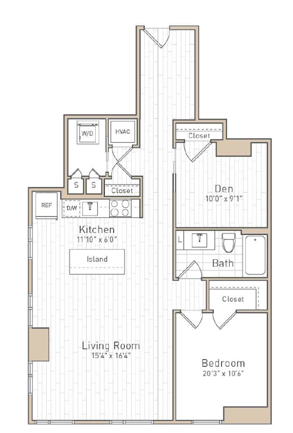 A floor plan of a house with a kitchen, living room, and bedroom.