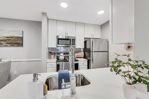a kitchen with white cabinets and stainless steel appliances at Brampton Moors, Cary