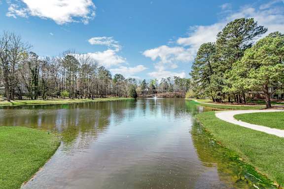 A serene lake surrounded by trees and a clear sky at Brampton Moors, North Carolina, 27513