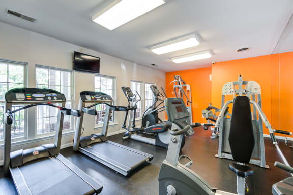 a gym with cardio machines and weights on the floor and windows at The Fields at Lorton Station, Lorton, VA, 22079