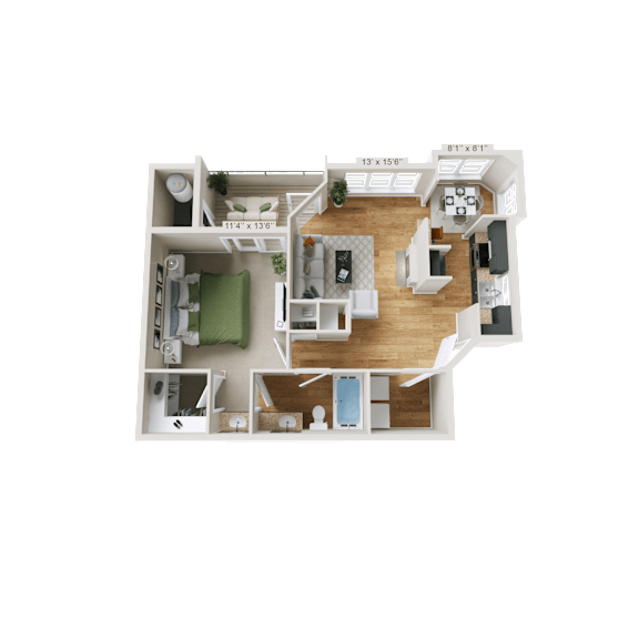 Crestline Cary one bedroom, one bathroom floor plan with 800 sqft