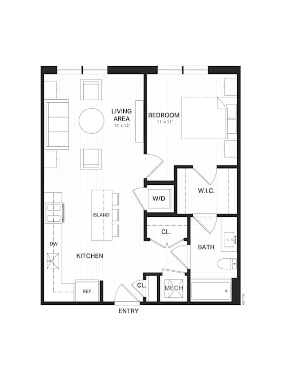 Floor Plan  A floor plan of a small apartment with a living area, kitchen, bathroom, and bedroom.