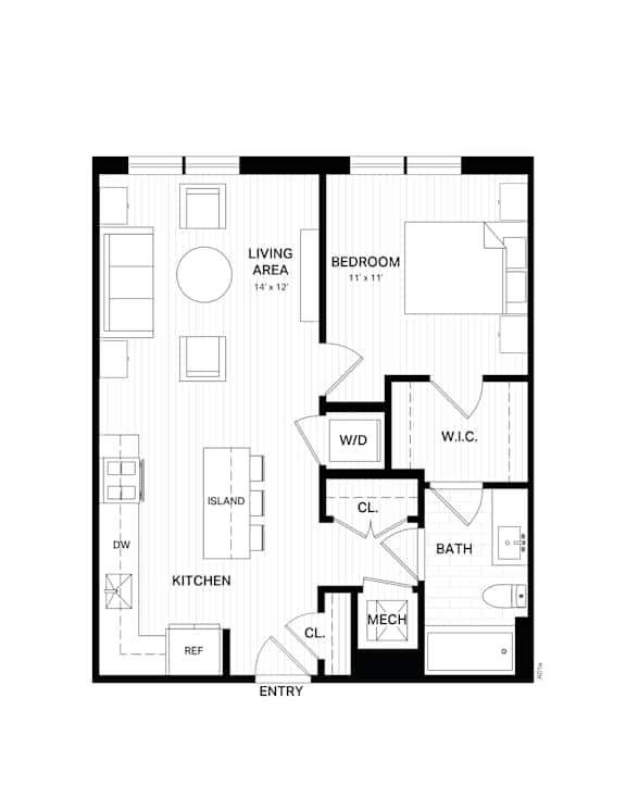Floor Plan  A black and white floor plan of a house with a living area, kitchen, bathroom, and bedroom.
