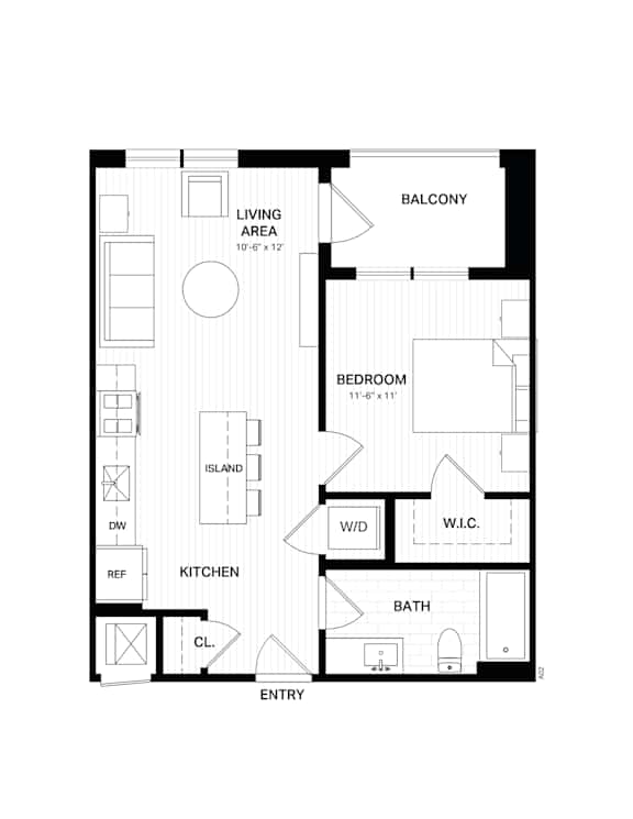 Floor Plan  A black and white floor plan of an apartment with a living area, bedroom, kitchen, and bathroom.