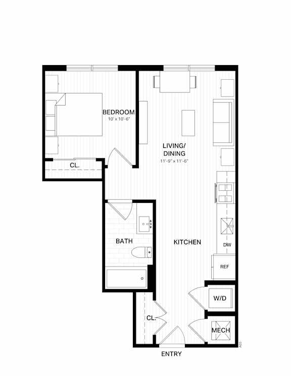 Floor Plan  A floor plan of a house with a bedroom, living/dining area, kitchen, bathroom, and entry.