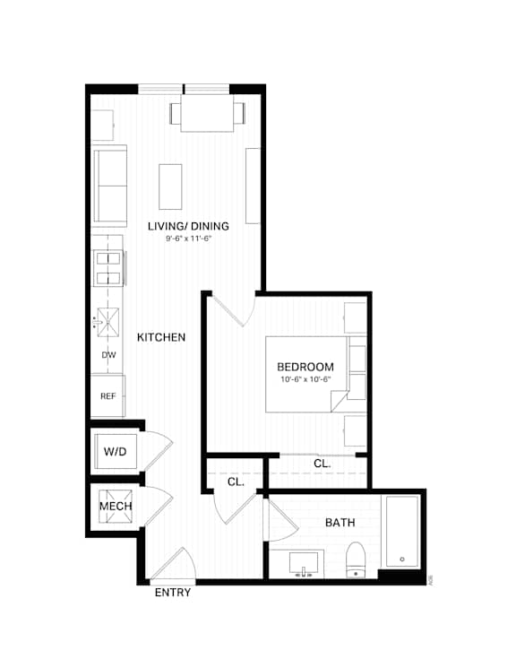 Floor Plan  A floor plan of a house with a living room, kitchen, dining room, bedroom, bathroom, and a laundry room.