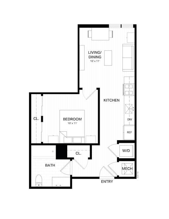 Floor Plan  A floor plan of a small apartment with a bedroom, bathroom, kitchen, and living/dining area.