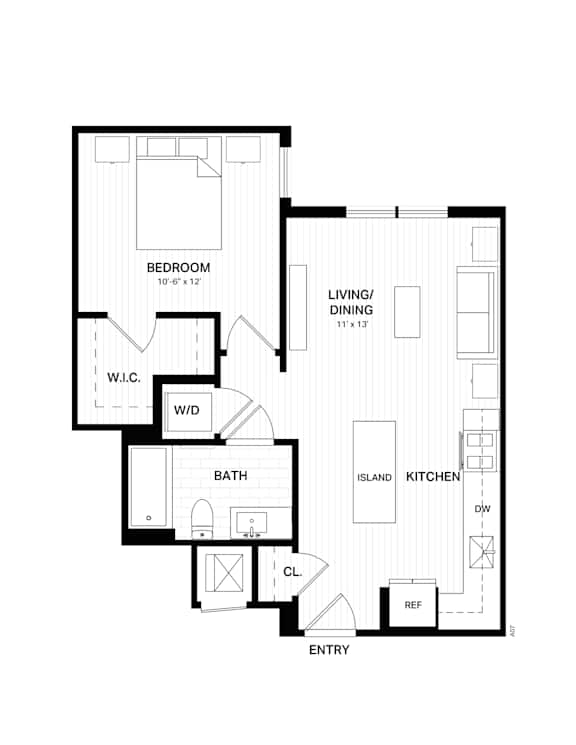 Floor Plan  A floor plan of a home with a bedroom, living/dining area, kitchen, bathroom, and laundry room.