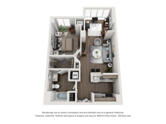 Floor Plan  a stylized floor plan with a bedroom and living room at Lincoln Old Town, Virginia