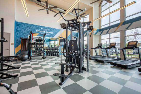 a gym with weights and cardio equipment in a building with large windows at Woodmore Grand Apartments in Bowie, MD 20721