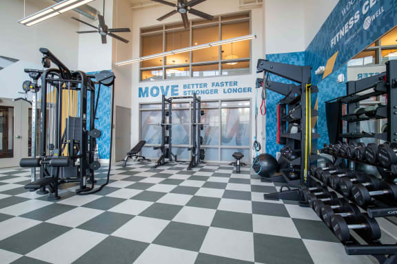 a gym with weights and cardio equipment in a room with a large window at Woodmore Grand Apartments in Bowie, MD 20721