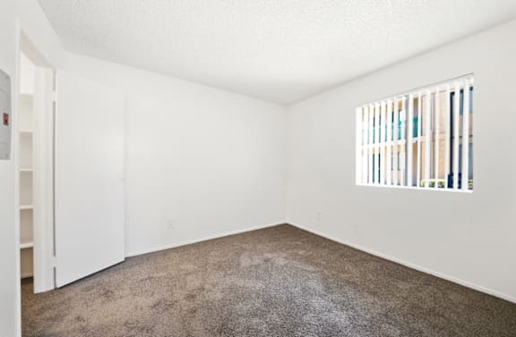 A room with a carpeted floor and a window with blinds.