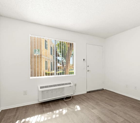 A room with a window, a door, and a radiator.