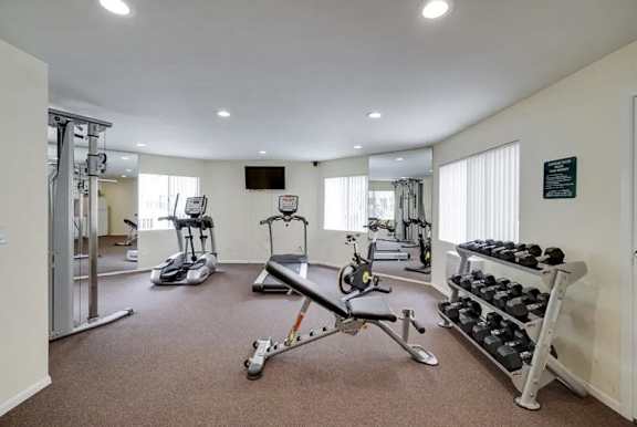 A well-equipped gym with a variety of exercise machines and weights.