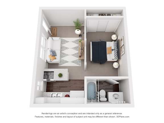 A 3D floor plan of a small apartment with a living room, kitchen, and two bedrooms.