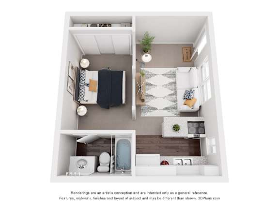 A 3D floor plan of a small apartment with a kitchen, living room, and bathroom.