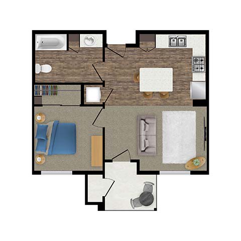 1 bed 1 bath floor plan at Loma Villas Apartments, San Bernardino, California