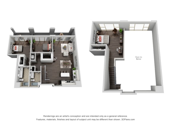 2 Bedroom, 1.5 Bath Loft Penthouse Floor Plan