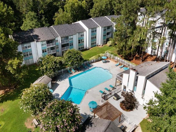 an aerial view of the pool at the resort at Concord Crossing in Georgia 30082