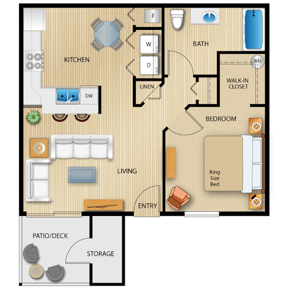 Floor Plan  A floor plan of a house showing a kitchen, living room, bedrooms, bathrooms, and storage.