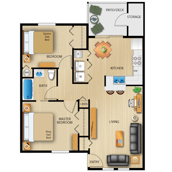 A floor plan of a house with a master bedroom, a queen size bed, a king size bed, a bathroom, a kitchen, a living room, and a storage area.