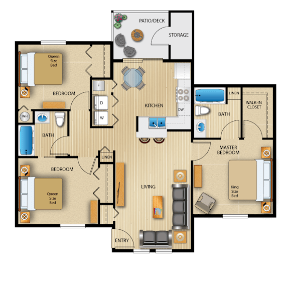 A detailed layout of a house floor plan with labeled rooms and furniture.