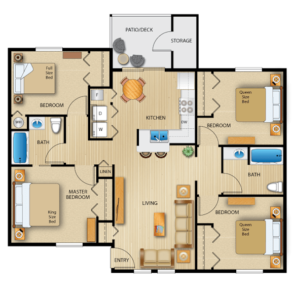 A detailed layout of a house plan with multiple bedrooms, a living room, a kitchen, a bath, and a storage area.