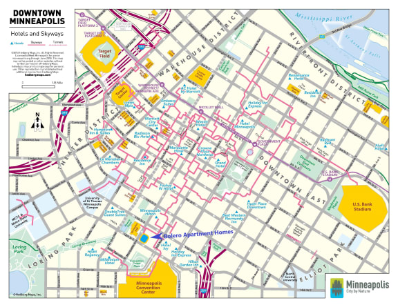 a map of the downtown Minneapolis streets and skyway route
