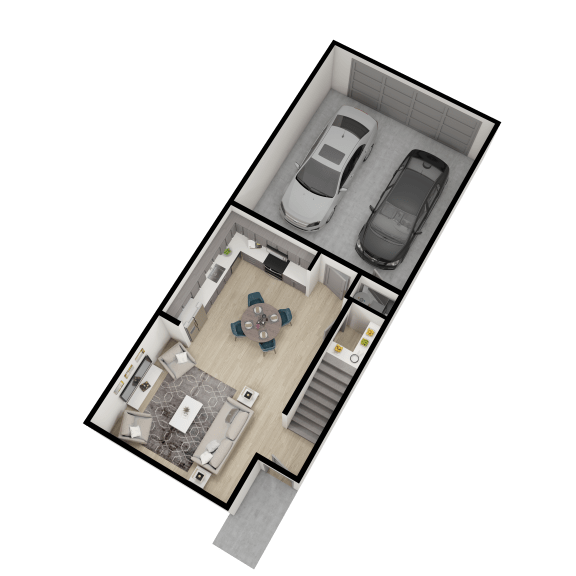 a 3d floor plan of a small house with a garage