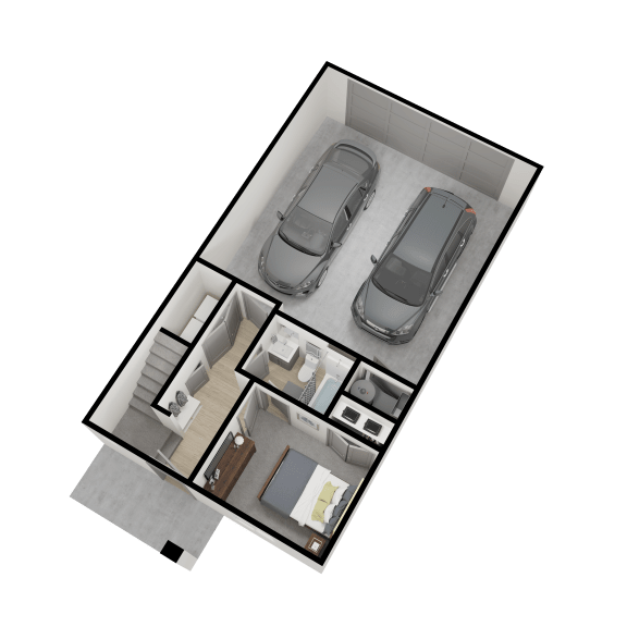 Floor Plan  3d floor plan of a small house with two cars