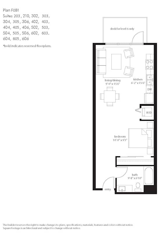 A black and white image of a floor plan for a building with suites numbered 203 to 606.