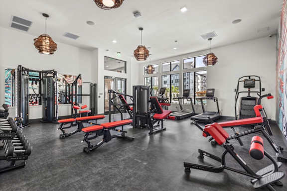 A gym with a variety of equipment including treadmills, weights, and benches.