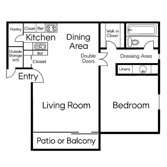 A black and white floor plan of a house with a living room, dining area, kitchen, bedroom, and patio or balcony.