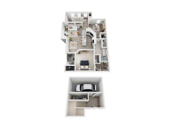 Floor Plan  A floor plan of a two-story apartment with a living room, kitchen, and bedrooms.