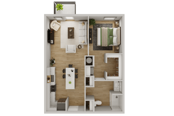 Floor Plan  a 3d rendering of a bedroom and living room with a wood floor