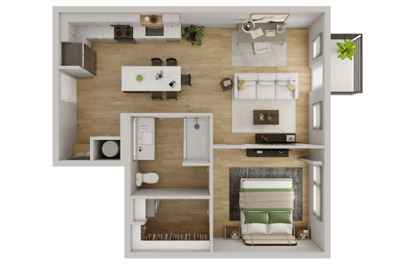 a 3d rendering of a bedroom with a bathroom and a living room