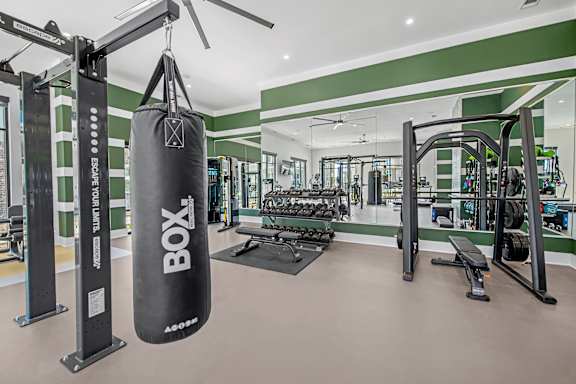 A gym with a punching bag and a mirror.