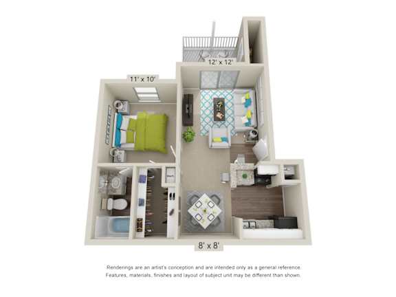 A 3D floor plan of a small apartment with a kitchen, living room, and bedroom.