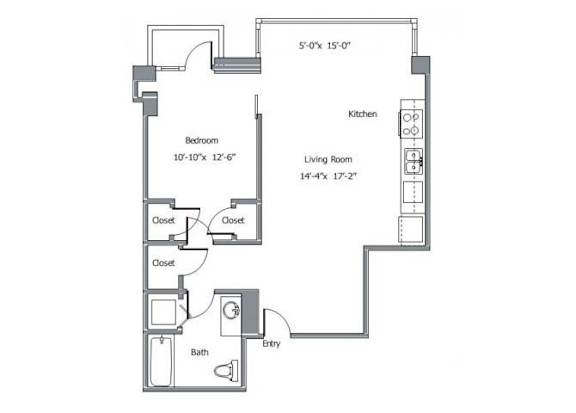 Floor Plan  A floor plan of a home with a bedroom, living room, kitchen, and bathroom.