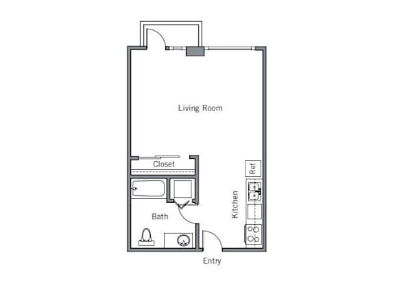 A floor plan of a small apartment with a living room, kitchen, bathroom and closet.