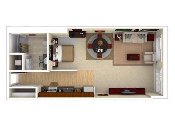 A model of a small apartment with a kitchen, living room, and bedroom.
